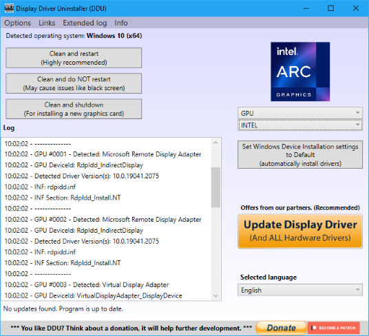 Display Driver Uninstaller system information overview